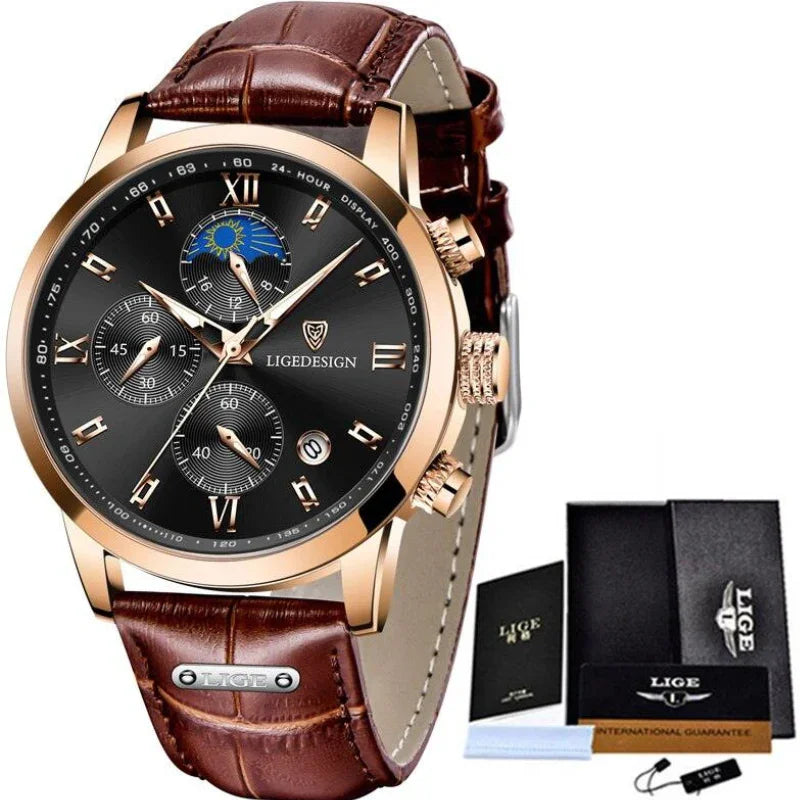 Relógio Masculino Casual de Luxo em Couro - LIGE Aqua Lux