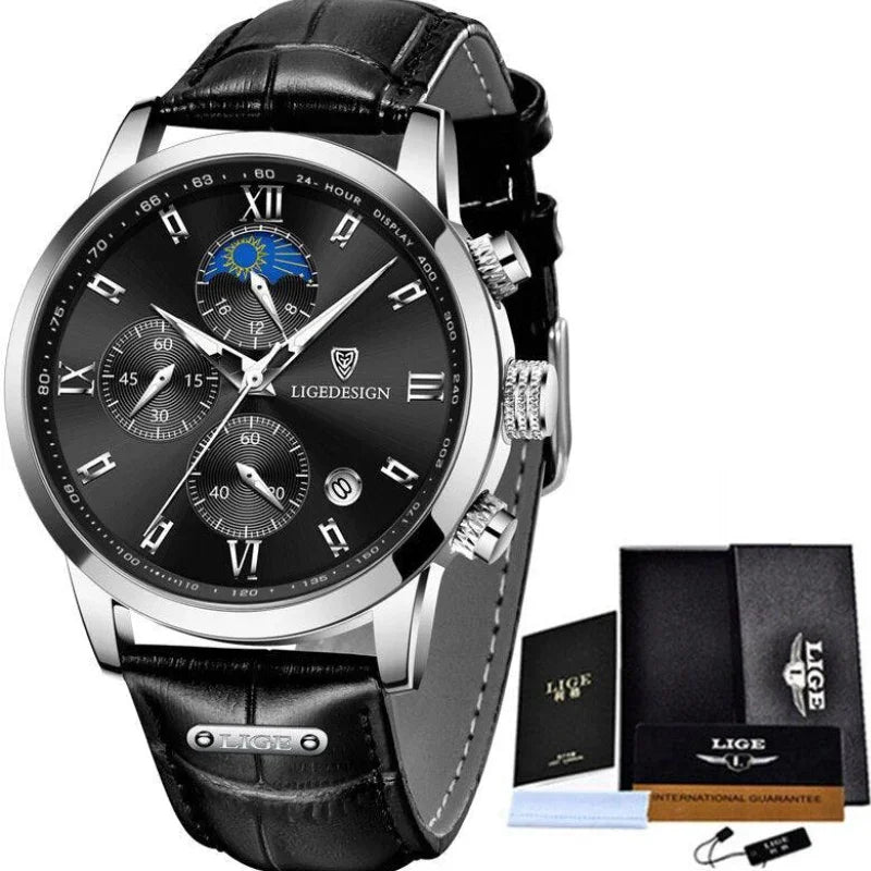 Relógio Masculino Casual de Luxo em Couro - LIGE Aqua Lux