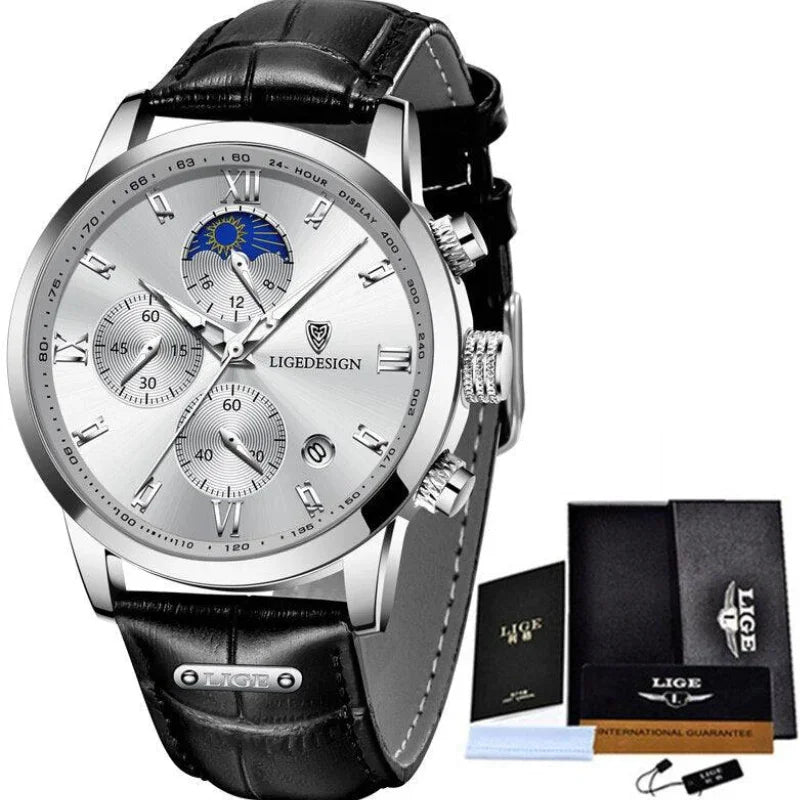 Relógio Masculino Casual de Luxo em Couro - LIGE Aqua Lux