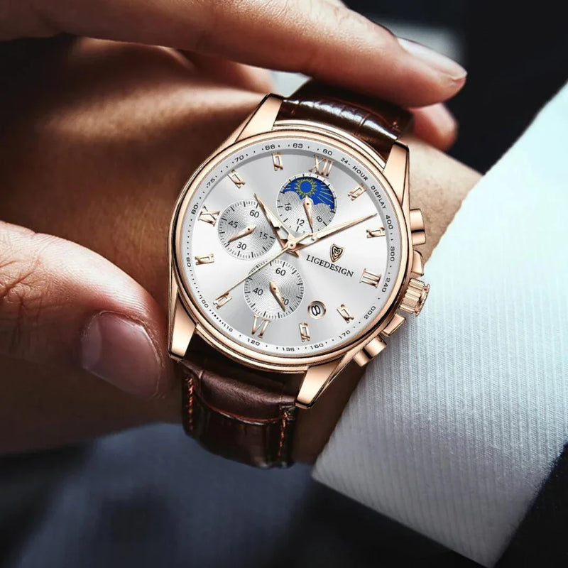 Relógio Masculino Casual de Luxo em Couro - LIGE Aqua Lux
