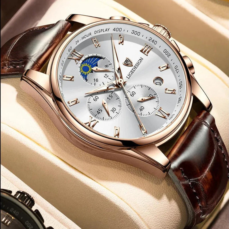 Relógio Masculino Casual de Luxo em Couro - LIGE Aqua Lux