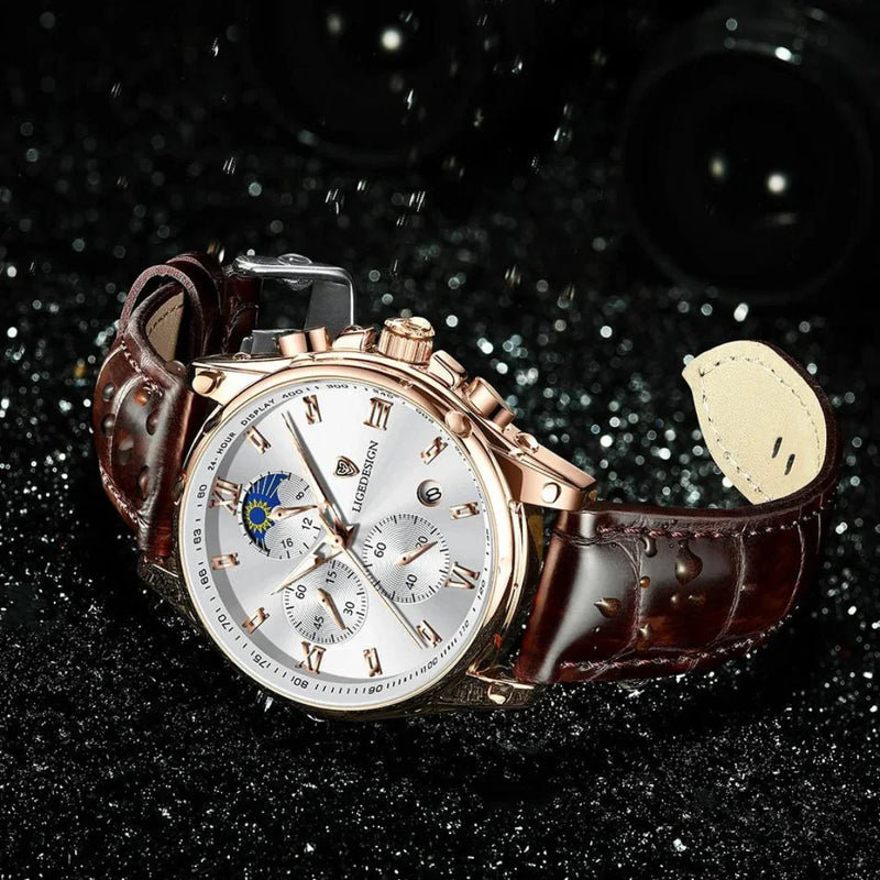 Relógio Masculino Casual de Luxo em Couro - LIGE Aqua Lux