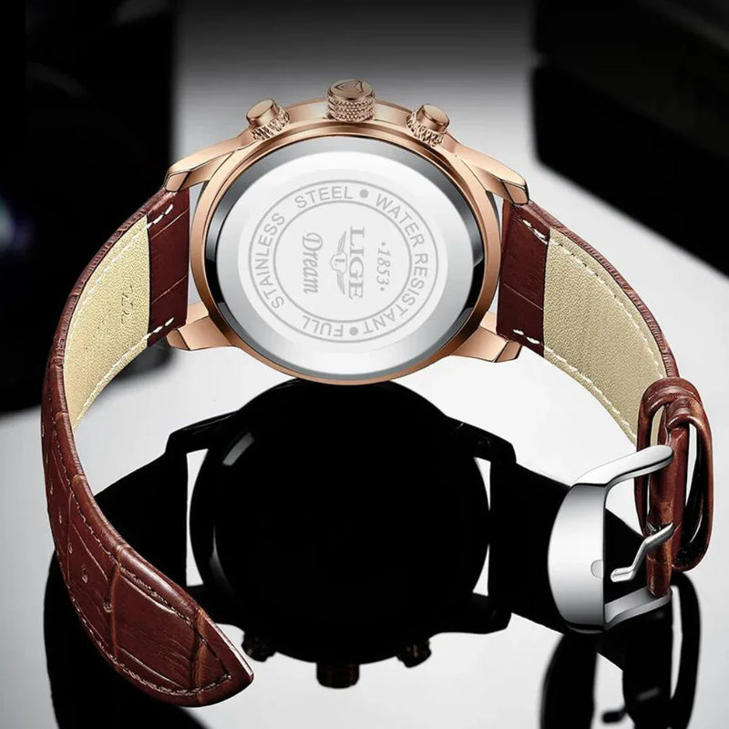 Relógio Masculino Casual de Luxo em Couro - LIGE Aqua Lux